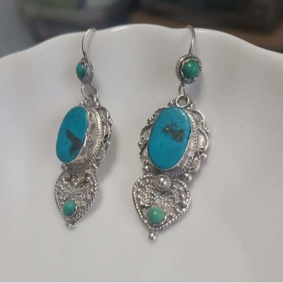 Vintage Sterling Silver Turquoise Boho Western Tribal Exotic Drop Earrings - Picture 6 of 9